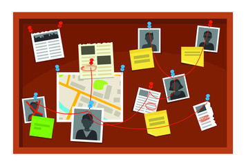 Detective board. Crime evidence connections chart, pinned newspaper and police photos. Investigation evidences, police investigators law evidence board, detectives research scheme vector illustration