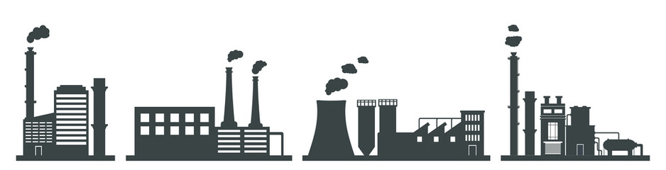 Factory icon set. Vector industrial buildings pictograms. Black silhouettes of manufacturing objects isolated on white. Set of four contours of plants for industrial design.