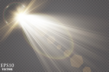 Sunlight on a transparent background. Glow light effects.Star flashed sequins. Sun glare on transparent background. the lens sparkles.Vector transparent sunlight special lens flare light effect.
