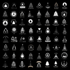 Abstract Christmas Tree Icons. White Silhouette Set - Isolated On Black Background - Vector Illustration.Collection Of Xmas Tree Icons. Abstract Art. Flat Pictogram. Christmas Trees Modern Silhouette