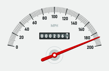Car speedometer dashboard. Speed metre panel with odometer, miles counter and urgency dial or cars instrument fast dashboard. Mile gauge racing dash isolated concept. Car speedometer. Vector