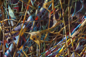 Hand drawn acrylic painting. Abstract art background. Acrylic painting on canvas. Color texture. Fragment of artwork. Brushstrokes of paint. Modern art. Colorful canvas. Close up.