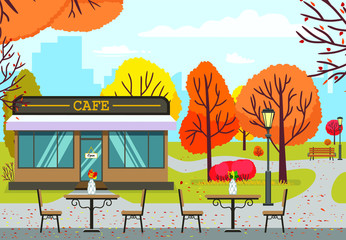 Autumn city park with tables near cafe building. Bistro or restaurant among fall leaves on trees, wooden bench vector illustration.
