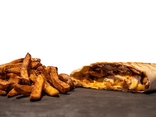 Cut French Tacos Close up with Fries on Slate 10