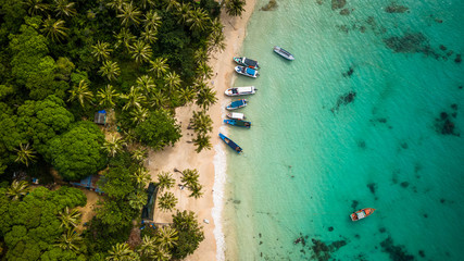 topdown view of a beautiful beach with boats and palm trees in Phu Quoc, Vietnam