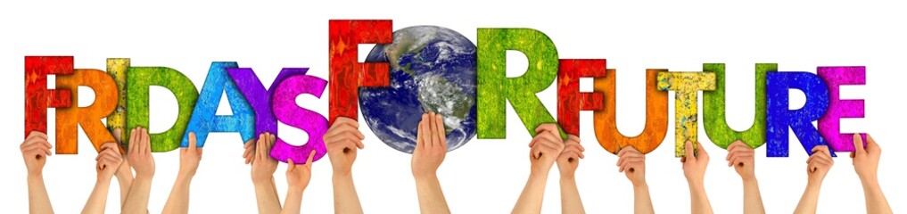 activist people holding up colorful wooden letter forming words fridays for future and earth globe...