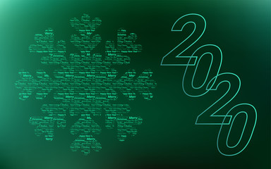 Christmas green background with snowflake made of font texture and number 2020. Editable vector illustration for greeting card, banner, flyer, cover, New Year and Christmas design.
