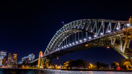 Wonderful, evening skyline view of Sydney Downtown with Harbor Bridge
