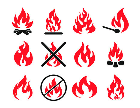 Red fire flat icons. Isolated vector illustration