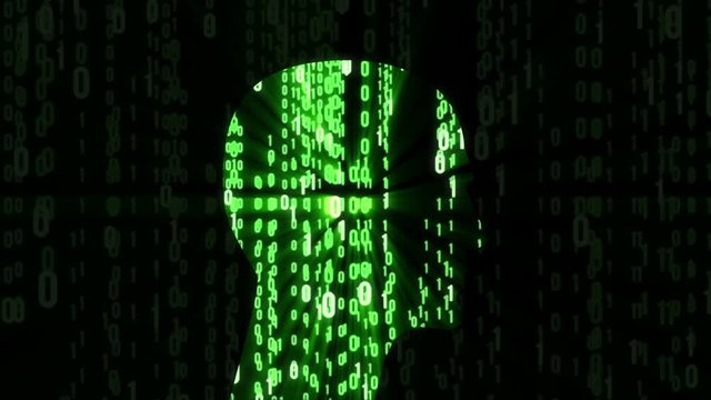 Machine learning. Artificial Intelligence. Abstract Matrix Background. Binary Computer Code with a person head consisting of bits and code programs. Available in 4K FullHD and HD video render footage.