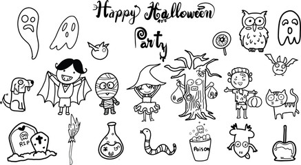 kawaii cute hand draw doodle art in autumn Halloween theme, children happily dressing in ghost costume