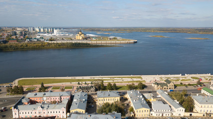 Alexander Nevsky Cathedral and football stadium at the confluence of the Oka and Volga rivers in...