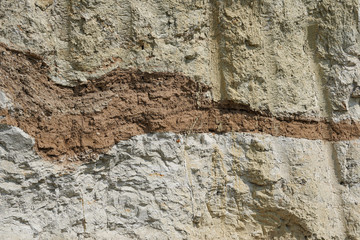Texture of different layers of clay underground in a clay quarry. clay wall background close up