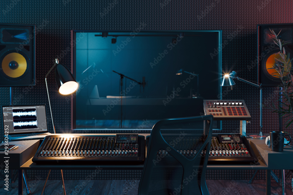 Poster studio computer music station set up. professional audio mixing console. 3d rendering.