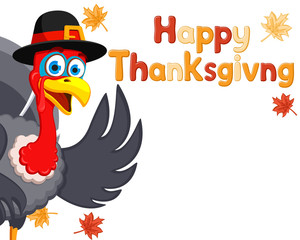 Turkey in a hat peeks out on a white background, space for text. Thanksgiving day.