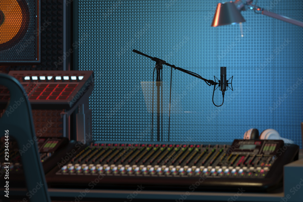 Poster studio computer music station set up. professional audio mixing console. 3d rendering.