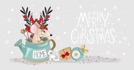 Christmas card with a cute mouse and festive elements. Vector illustration.