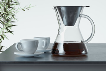 freshly prepared black coffee in glass coffee maker near white coffee cup. Alternative brewing. 3d rendering
