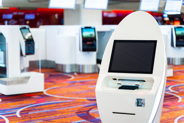 Self-service check-in and drop-off machines can print Boarding pass, manage booking in the...