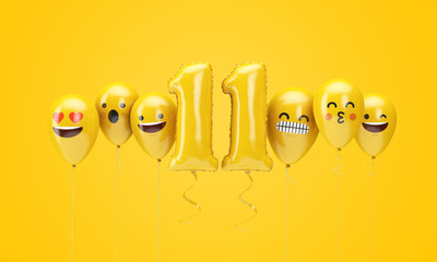 Number 11 yellow birthday emoji faces balloons. 3D Render - obrazy, fototapety, plakaty