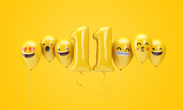 Number 11 yellow birthday emoji faces balloons. 3D Render