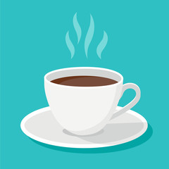 White classical black coffee cup with steam and shadows isolated on blue background. Vector flat design object.