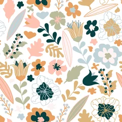Fototapete Blümchenmuster Nahtloses Muster mit bunten hübschen Blumen, Blättern und floralen Elementen. Buntes Blumendesign für Babyprodukte, Stoffe, Tapeten, Spielzeug und mehr