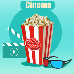 Film industry set. Glasses, clapperboard and popcorn. In minimalist style. Cartoon flat vector.