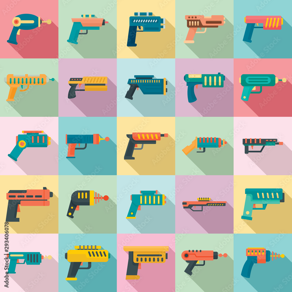 Poster blaster icons set. flat set of blaster vector icons for web design