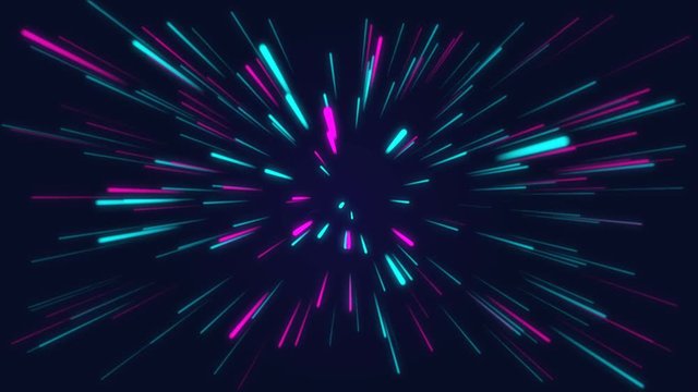 Purple and blue Abstract background. Speed of light in galaxy, neon glowing rays in motion. Beautiful fireworks, big bang. Moving through stars. Seamless loop