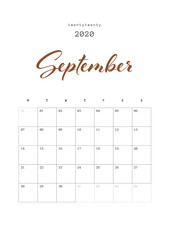 SEPTEMBER - Calendar 2020 Design, Daily Planner 2020 Year. Vector Set 13 Pages. Printable Diary Planner 2020.