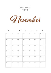 NOVEMBER - Calendar Daily Planner 2020 Design, Minimal Planner 2020 Year. Vector Set 13 Pages. Printable Personal Organizer.