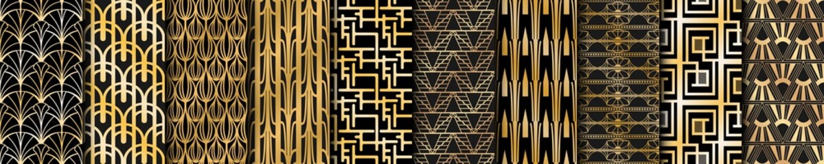 Retro ornamental collection for fabric design. Seamless vector patterns set. Vintage abstract art deco backgrounds with golden gradient