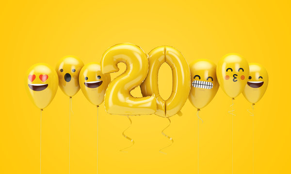 Number 20 yellow birthday emoji faces balloons. 3D Render