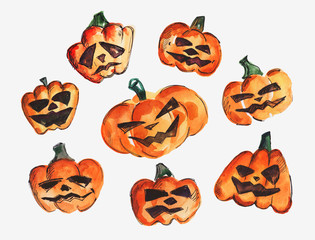 Watercolor set of pumpkins for Halloween on a white background.