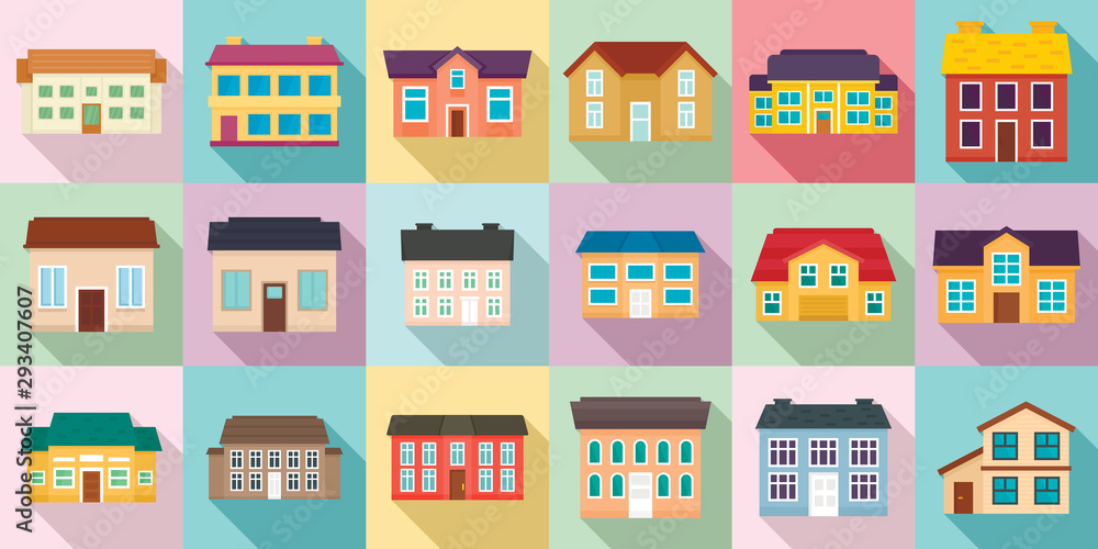 Poster cottage icons set. flat set of cottage vector icons for web design