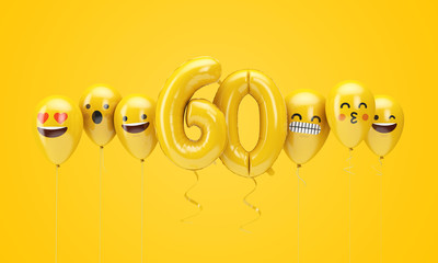 Number 60 yellow birthday emoji faces balloons. 3D Render
