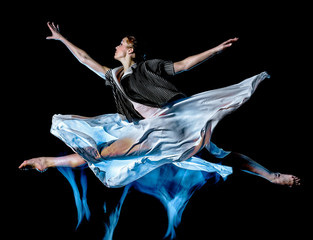 one caucasian woman modern ballet dancer dancing woman studio shot isolated on black bacground