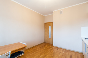 Russia, Moscow- May 07, 2018: interior room apartment. standard repair decoration in hostel. kitchen and dining room