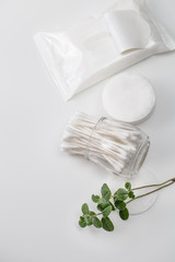 Cotton buds in a jar, cotton pads and a sprig of green