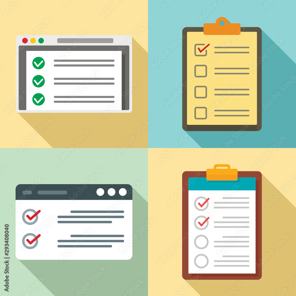Poster checklist icons set. flat set of checklist vector icons for web design
