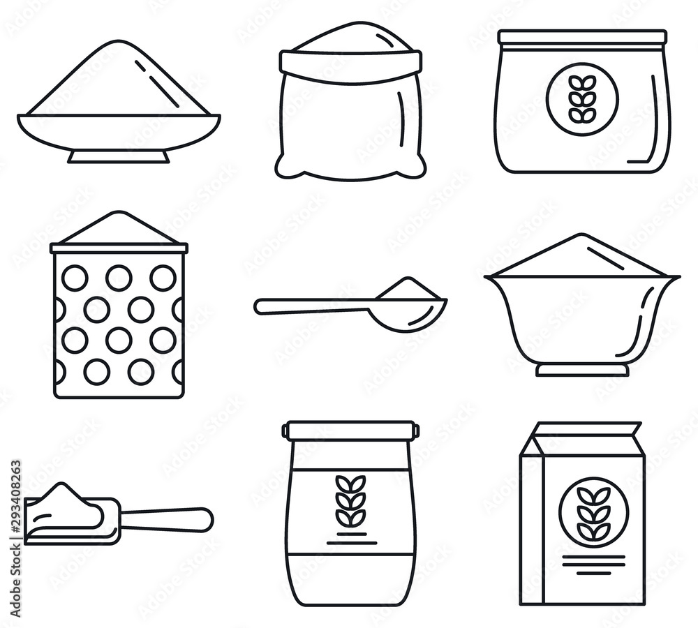 Poster flour product icons set. outline set of flour product vector icons for web design isolated on white 