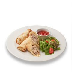 Chicken pancakes with salad and tomato sauce isolated on white background.