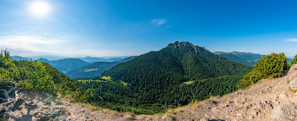 Naklejka na ściany i meble Slovakia national parkland Mala Fatra - view from Maly Rozsutec mountain to nearby hills and valleys. Sunny summer day, tourism and hiking in fresh and pure nature. Forest and green trees.