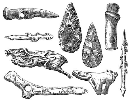 Vintage engraving set of prehistoric stone and bone items