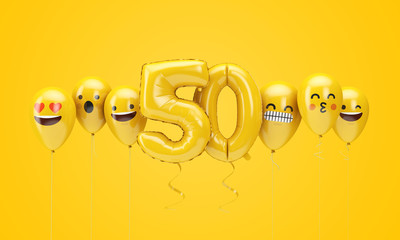 Number 50 yellow birthday emoji faces balloons. 3D Render