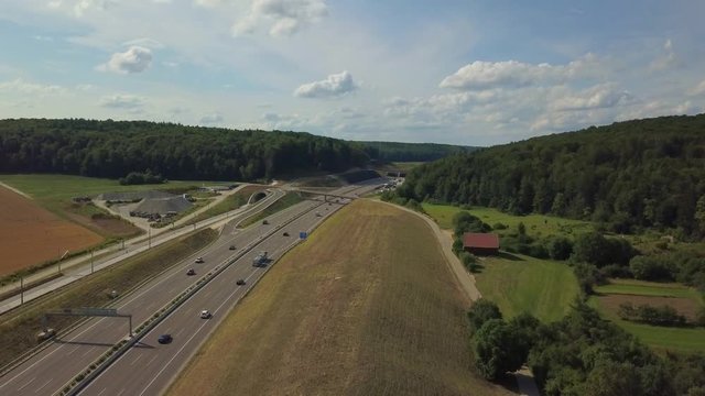 Aerial view of Highway A8 on the swabian alp between Ulm and Merklingen with construction works of the Stuttgart21 railway project