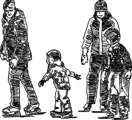 Vector drawing of family of townspeople skating on ice rink