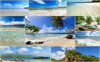 Collage from views of the Caribbean beaches, amazing landscape of Samana, Dominican Republic, with hammock, mangroves, cocktails, shells, palm trees, flowers, ocean, waves, sky, sun and clouds