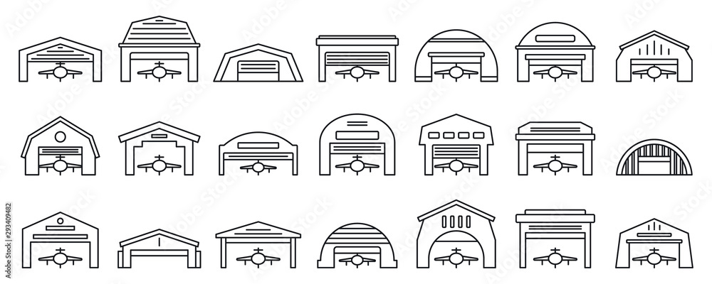 Poster airport hangar icons set. outline set of airport hangar vector icons for web design isolated on whit